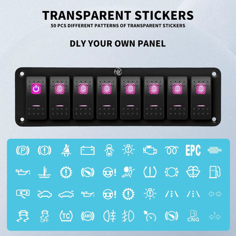 8 Gang 12V 24V DC Toggle Switch Panel With Prewired 5 Pin On Off Waterproof IP65 with icons and transparent stickers pack