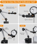 Neoteck dial indicator with magnetic base on an adjustable arm, silver finish with gauge, front view.