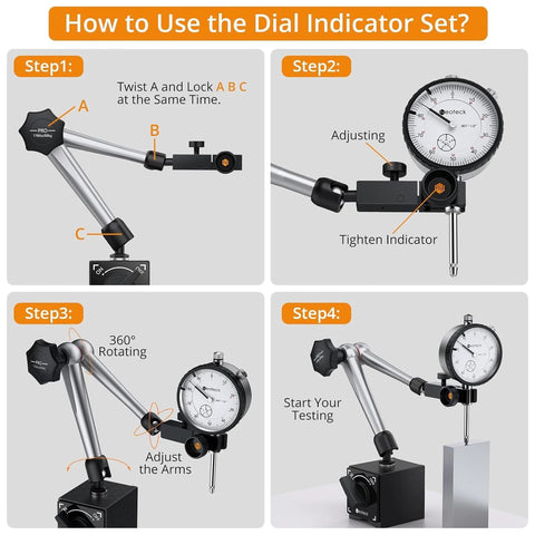 Neoteck dial indicator with magnetic base on an adjustable arm, silver finish with gauge, front view.