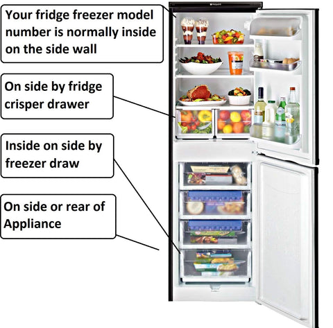 Open refrigerator with labels indicating model number locations for Water Valve Inlet WL WPW10159839 Replacement Part For Whirlpool Refrigerators W10159839 2305225 Compatible With Maytag KitchenAid JennAir Amana Roper And More