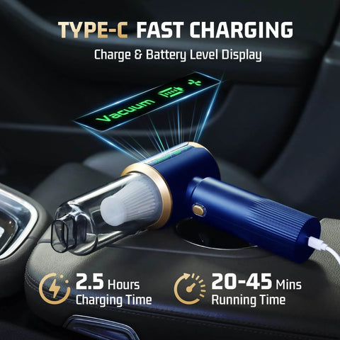 Cordless Car Handheld Vacuum Cleaner With 16000Pa Suction Brushless Motor And HEPA Filter Ultra Lightweight And Compact For Cars And Office No Cords Quick Cleanups Easy Empty Dust Cup Blue with Type-C charging and display.