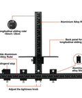 Cabinet Hardware Jig Aluminum Template Tool For Fast And Accurate Handle And Pull Installations Black Durable Aluminum Alloy Cabinet Jig For DIY Builders And Pros, featuring a detailed view of the ruler and adjustable sliders.