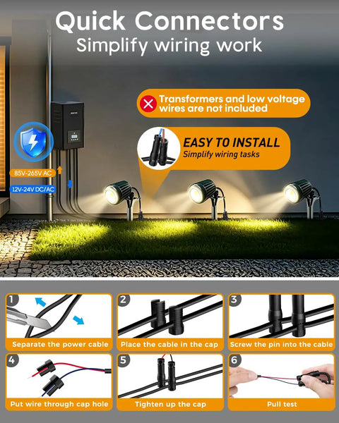 Low Voltage Landscape Lights 5W 500LM Outdoor LED Spot Lights 6 Pack shown during easy installation with quick connectors.