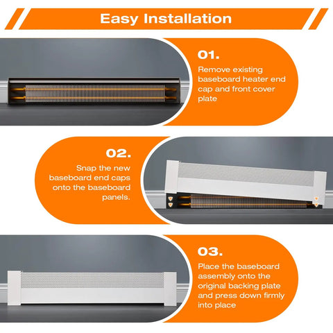 Installation steps for 4 Foot Baseboard Heater Cover With Left And Right End Caps For Replacing Old Rusty Electric And Baseboard Covers.