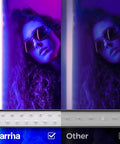 10W 1Ft Magnetic UV Blacklight LED Strip Kit lighting effect comparison with person in sunglasses