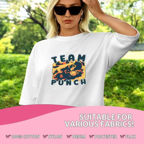 Woman wearing white T-shirt with 'Team Punch' design using DTF Transfers For T Shirts Ready To Press Heat Transfer Stickers 7x7 Inch.