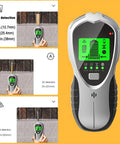 No Sweat Stud Finder And Wall Scanner With Hd Lcd Display showing wood, AC, and metal detection features on an orange background.