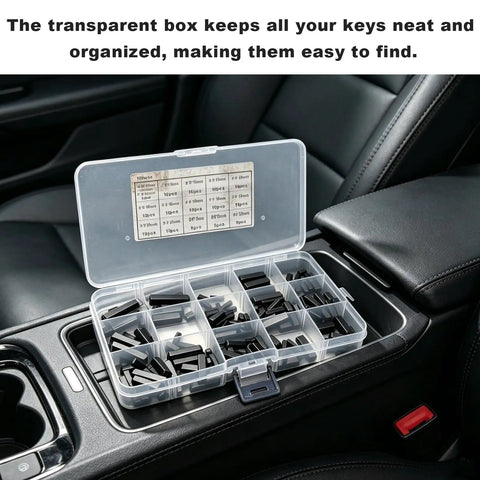 Heavy Duty 160 Piece Woodruff Assortment Set 16 Sizes 3mm 4mm 5mm 6mm Carbon Steel Round Ended Shaft Keys in clear storage box in car console