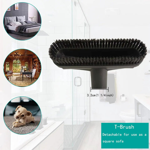 Close-up of horsehair brush attachment from All-In-One 11-Piece Shop Vac Attachment Kit, shown with interior scenes.