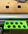 Premium Bench Dog Storage Rack For Festool Mft Three Table Side Mount Holder with green holder for eight clamping pins.