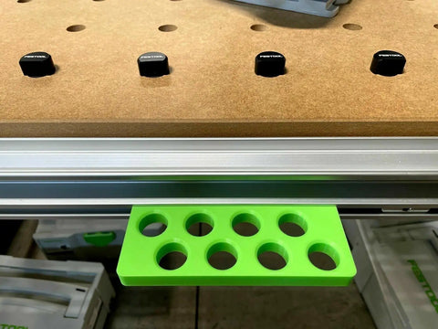 Premium Bench Dog Storage Rack For Festool Mft Three Table Side Mount Holder with green holder for eight clamping pins.