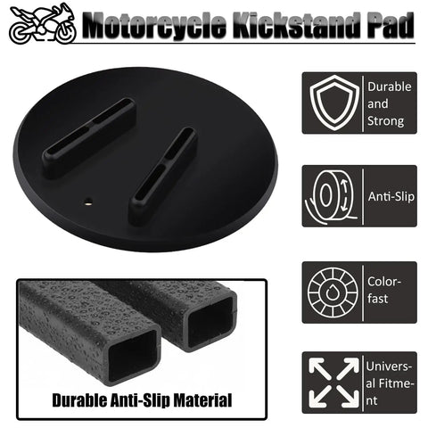 Rugged Kickstand Plate Pad for Heavy Cruiser Motorcycles shown with anti-slip material, universal floor protector features.