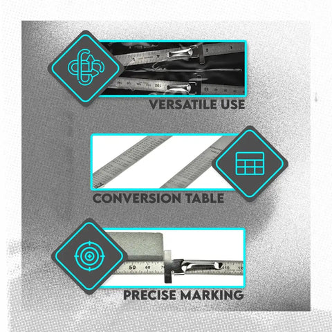 Stainless Steel SAE And Metric Ruler Set With Detachable Clips, Pro Grade Precision Tools, showing conversion table feature