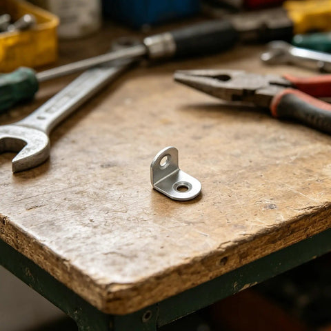 Heavy Duty 90 Degree L Brackets For Wood Cabinets And Shelves With Screws Set on workshop table with tools in background.
