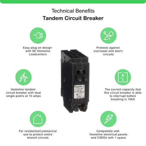 Image of Homeline Twin 15 Amp Single Pole Tandem Circuit Breaker With 10kA Interrupt Rating and Easy Plug On Design for quick install.