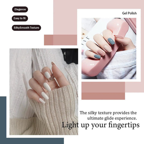 Hand with soft knit sweater showing nails painted with Six Piece 15ml Gel Polish Set In Black And White Non Toxic HEMA Free Kit