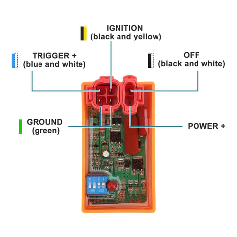 6 Pin AC CDI Box Replacement For Gy6 50cc To 250cc Engines showing internal wiring and connections labeled for functionality.