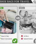 Must Have Travel Shoe Bags Set of 4 Large Waterproof Lightweight Organizers in use vs messy packing