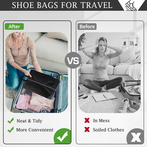 Must Have Travel Shoe Bags Set of 4 Large Waterproof Lightweight Organizers in use vs messy packing