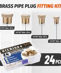 Brass Hex Pipe Plug Fittings Kit With Four Sizes One Eighth Inch One Quarter Inch Three Eighth Inch One Half Inch NPT Male Threaded Plugs In A Durable Storage Box For DIYers And Pros, 24 pcs displayed