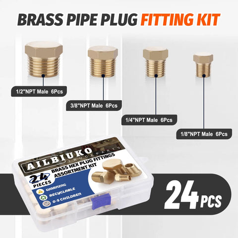Brass Hex Pipe Plug Fittings Kit With Four Sizes One Eighth Inch One Quarter Inch Three Eighth Inch One Half Inch NPT Male Threaded Plugs In A Durable Storage Box For DIYers And Pros, 24 pcs displayed