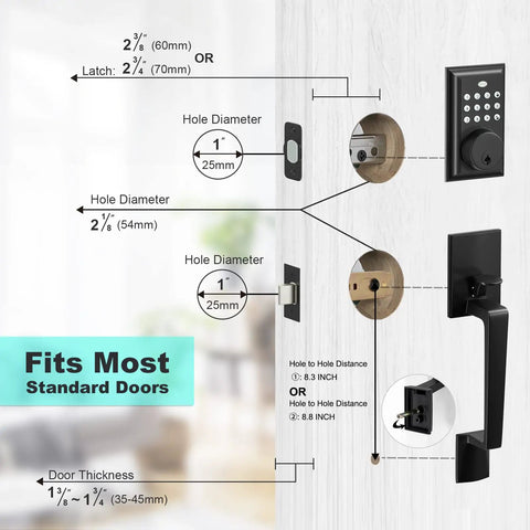 Installation diagram for Keypad Deadbolt Electronic Keyless Double Door Lock Set with handle; fits standard door sizes.