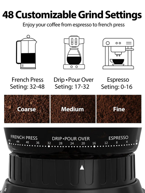 Conical Coffee Grinder For Home Use With 48 Grind Settings And Large Three Point Nine Ounce Capacity Stainless Steel Burr Mill 40