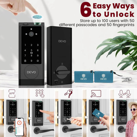6 In 1 Keyless Entry Smart Lock With Camera And Doorbell, Fingerprint, App Remote Control, IC Card, Passcode, Traditional Key And Voice Control displayed