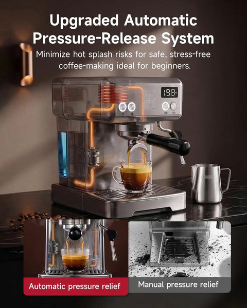 Next Level Home Barista Espresso Machine Rolling Out Barista Grade Shots With A Rock Solid 58 Mm Commercial Group Head And Fully Custom Temp Timers For Pulling Smooth Extracts All Day Long, featuring automatic pressure-release system and brewing espresso.