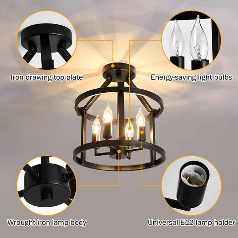 2-Pack Semi Flush Mount Ceiling Light Fixture Farmhouse Matte Black Metal With Open Drum Shade showcasing lamp components