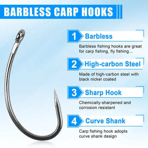 Pro Grade 175Piece Barbless Carp Hook Kit With Curve Shank Crank Wide Gape Fly Tying And Circle Hooks Includes Tackle Box In Sizes 2 4 6 8 10 High Carbon Steel Anti Rust features barbless hook, curve shank, high-carbon steel highlights.