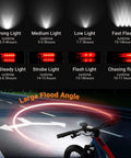 USB Rechargeable Bike Light Set With Front Headlight And Rear Tail Light 5400mAh Power Bank Up To 1000 Lumens Front Beam 160 Degree Wide Field Ideal For Night Riding For Adults Kids Men Women showing strong to chasing flash modes and large flood angle.