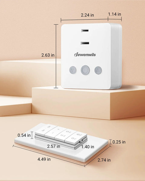 Smooth Operator Wireless Dimmer Plug For Home Lighting, Remote Control Adapter For Traditional LED And Incandescent Bulbs, Plug And Play Outlet Switch With Zero Tech Fuss And Reliable Wattage Handling shown with dimensions on a neutral background.