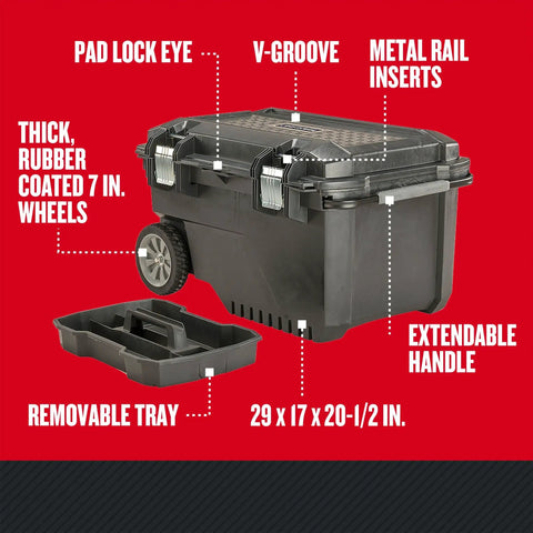 Rolling Tool Box With Wheels Lockable Black Plastic Chest For On The Go Pros, Extra Lid Storage With Removable Tray