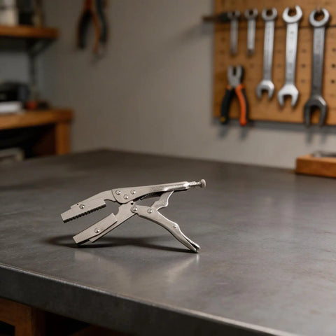 Get These Bad Boy Locking Pliers. Ten Inch Carbon Steel Heavy Duty Vise Grips on a workbench, ready for DIY tasks.