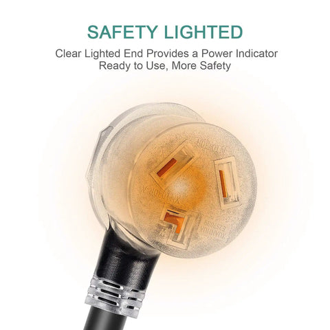 Dryer And EV Power Extension Cord 30 Amp NEMA 10 30P To 10 30R With Lighted End close-up illustrating safety feature.