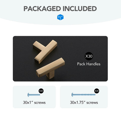 Set Of 30 Solid Single Hole Slim Square Bar Cabinet Pulls In Champagne Bronze Finish with screws for kitchen and bathroom cabinets.
