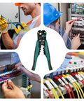 Heavy Duty Automatic Wire Stripper And Adjustable Crimping Tool For Precise Electrical Wiring held by a tradesman.