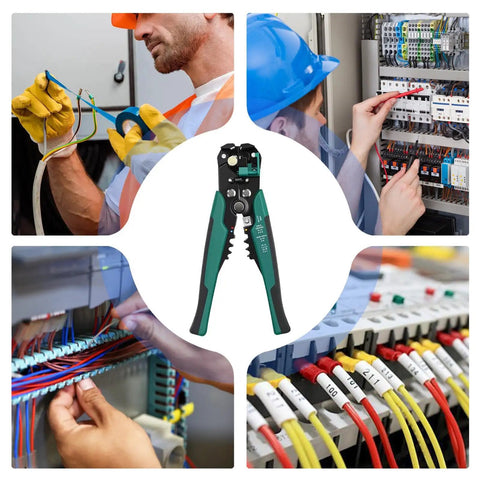 Heavy Duty Automatic Wire Stripper And Adjustable Crimping Tool For Precise Electrical Wiring held by a tradesman.