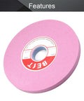 Heavy Duty Seven Inch Bench Grinding Wheel 100 Grit Chrome Corundum Pro Grade Metal Shaping Accessory view showing pink abrasive surface.