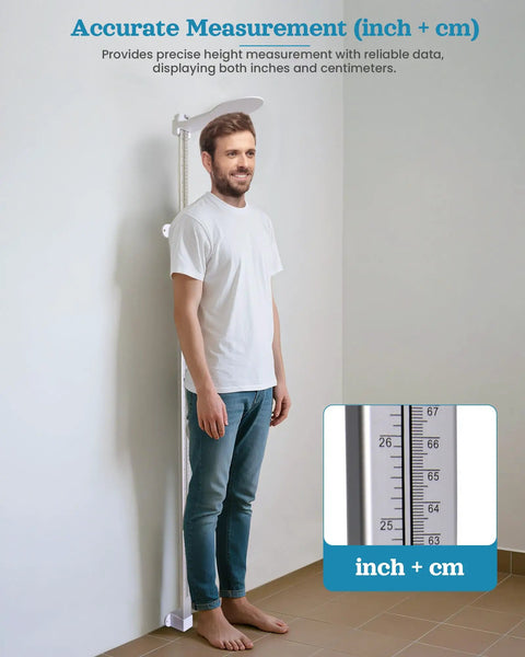 Man using Wall Mounted Height Gauge For Home Or Clinic, Aluminum Stadiometer With 10 To 225 Cm Range, dual scale visible in use