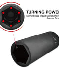 Seventy Piece Half Inch Drive Impact Socket Set With CR V Steel Includes SAE And Metric Standard And Deep Sockets showing deep socket detail.