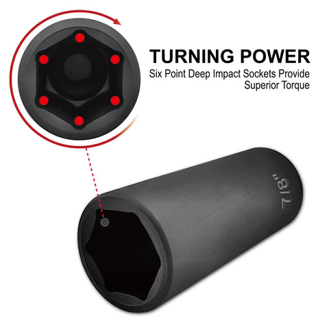 Seventy Piece Half Inch Drive Impact Socket Set With CR V Steel Includes SAE And Metric Standard And Deep Sockets showing deep socket detail.