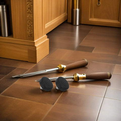 Adjustable Rubber Damping Foot Pads M10 Threaded with Carbon Steel Screws on wooden floor near cabinet and tools