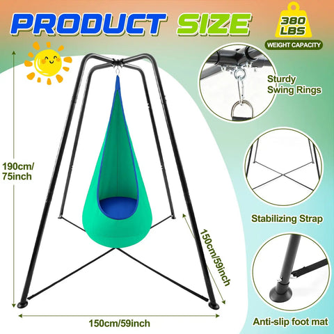 Sensory Swing Stand Frame With Pod Chair And Swing Set Heavy Duty Metal Frame For Indoor And Outdoor Use Autism Therapy Hammock Chair Tree Saucer Round Swing For Kids And Adults Backyard Park Gradient Green showing dimensions and features