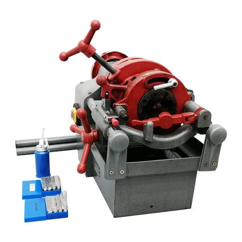 Electric Pipe Threader Workhorse One Half To Two Inch NPT With Twenty Eight RPM Threading Cutter Three In One Tool For Threading Cutting And Reaming Includes Clamping Device And Oiling System Built For Construction And Installation Jobs. red pipe threader with die set and oil can