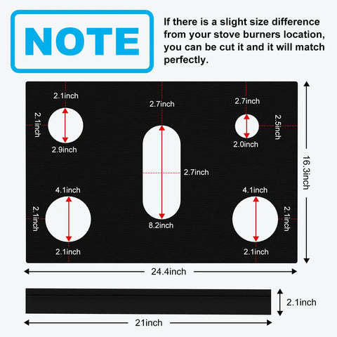 Diagram showing dimensions of Stove Top Protector For Gas Ranges, 0.4mm Thick Reusable Burner Covers, fits Samsung NX58 FX510 models