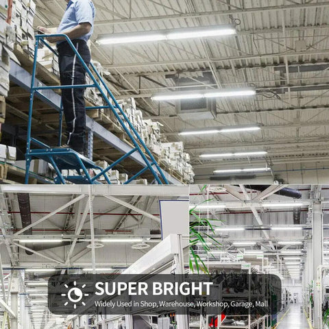 Warehouse ceiling with 20 Pack Ultra Bright 8 Foot 150W LED Shop Lights With 19000 Lumens Each 6000K Cold White U Shape Clear Cover