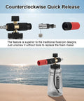 Wide Mouth Foam Cannon For Pressure Washer With Thick Snow Foam For Car Wash, showing quick release feature and connector.