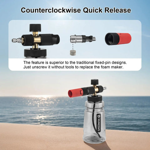 Wide Mouth Foam Cannon For Pressure Washer With Thick Snow Foam For Car Wash, showing quick release feature and connector.
